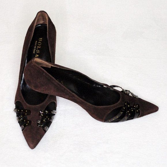 Bolsa Italian Suede Studded Brown Pumps NIB New - Picture 2 of 9